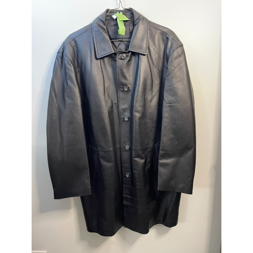 BGSD Mens Black Leather Car Coat Quilted Lined Button Front Jacket XL